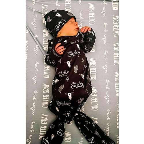 baby gown, knotted gown, tie gown with hat, western gown, baby going home outfit, baby gown home outfit, baby gown set,western, cowboy gown