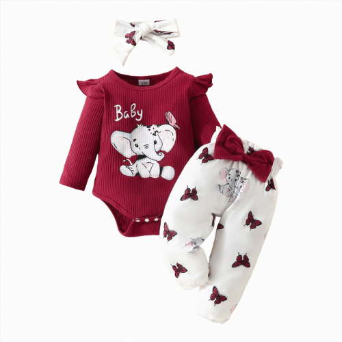 Xyant Newborn Baby Girl Clothes Fall Winter Elephant Outfit Ruffle Long Sleeve Ribbed Romper Top Cute Bow Pants Set with Headband Newborn Girl Outfits (Wine,3-6 Months)