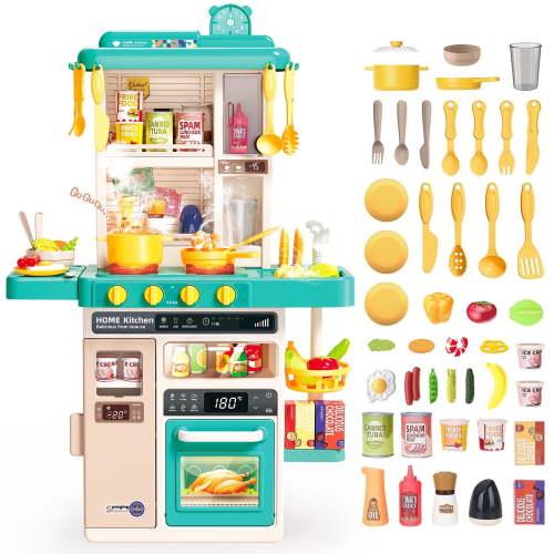 JoyStone 50PCS Kids Kitchen Playset, Educational Pretend Kitchen Set with Steam, Lights, Sounds, Green