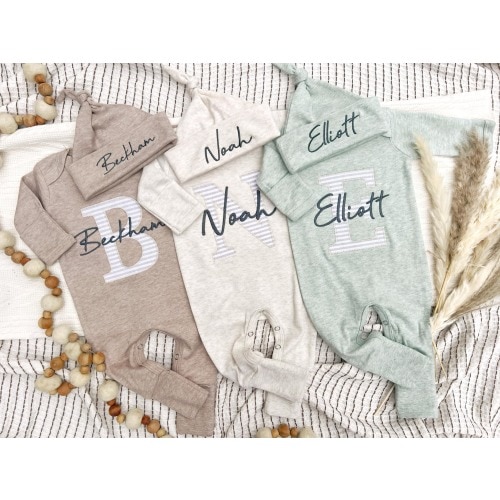Personalized Baby Boy Outfit | Oatmeal, Sage, Mocha Romper Beige Strip – Wonderfully Made