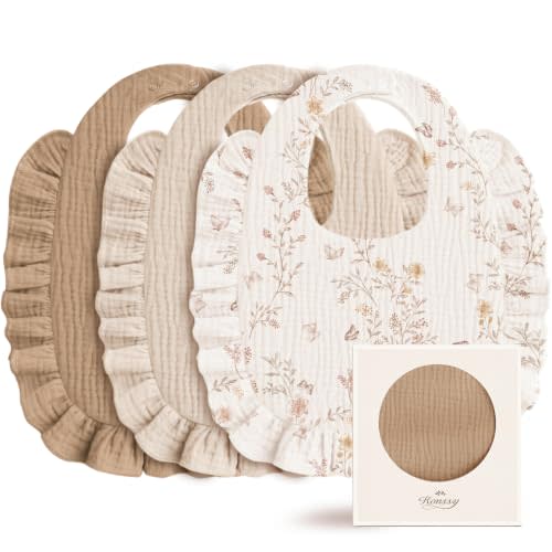 Konssy 3-Pack Muslin Baby Girl Bibs, 100% Cotton with Ruffle Trim | Ultra Soft & Absorbent, Baby Essentials for Drooling and Teething, for Newborn, Infant & Toddler 0-36 Months
