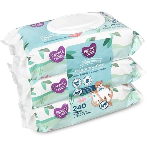 Parent's Choice Gentle Clean Fragrance-free Unscented No Scent Baby Wet Wipes Suitable for Sensitive Skin Infused with Vitamin E and Aloe, 240 Count (Value Pack Includes 3 80-Count Packages) - 1 Pack