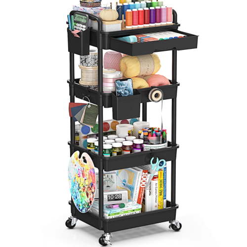 4 Tier Rolling Utility Cart with Removable Drawer, Bathroom Storage Organizer with 2 Lockable Wheels, Mobile Shelving Unit for Kitchen, Office, Snack, Craft, Makeup, Baby Essentials, Black