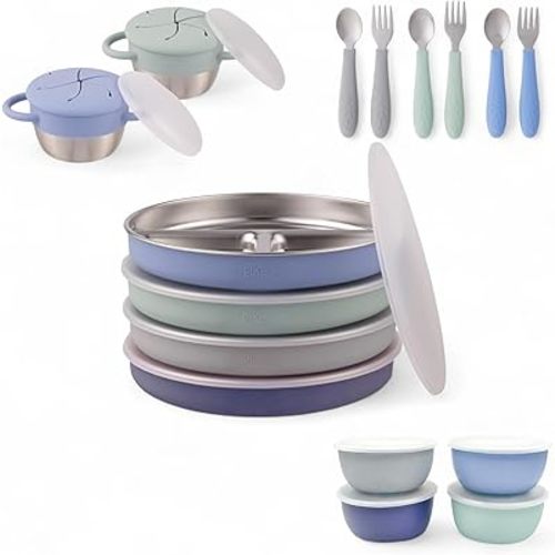 Elk and Friends Kids Stainless Steel Mealtime Bundle | 16 Pcs Dinnerware Set | Plates, Bowls, Snack Cups & Toddler Utensils | Travel Storage Lids | Dishwasher Safe