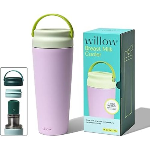 Willow - 16oz Portable Breastmilk Cooler - Keeps Breast Milk Cold for 24 Hours - Stainless Steel - Use w/Included Ice Pack or Ice Cubes - Breastfeeding Essentials - Dishwasher Safe - Hydrangea
