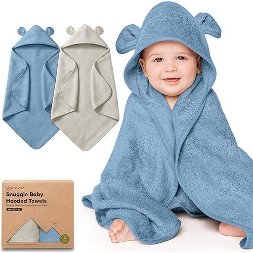 KeaBabies 2-Pack Hooded Baby Towels for Newborn - 30x30 Soft & Absorbent Viscose from Bamboo Baby Bath Towels with Hood for Infant, Toddler,Kids,Boys Girls,Newborn Bath Essentials (Steel, Petite)