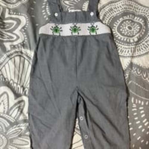 12 month Baby Boy Vintage Royal Child Smocked Overalls - Black White Embroidered