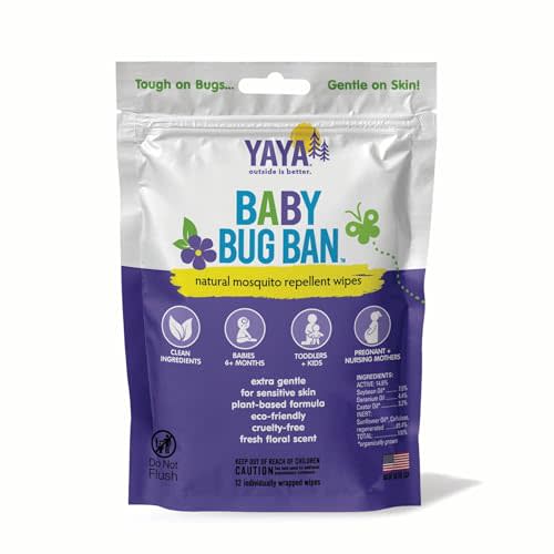 YAYA ORGANICS Baby Bug BAN Insect Repellent Wipes – All-Natural, DEET-Free, Non-Toxic, for Babies, Kids, Pregnant and Nursing Moms and Sensitive Skin (12 Count, Pack of 1)