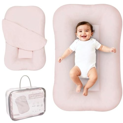 Aila + Aiden Baby Lounger | Organic Cotton Infant Lounger | Adjustable & Portable Floor Lounger | Supervised Use | Soft, Breathable, Washable Cover - Snuggle Collection - (Pink)