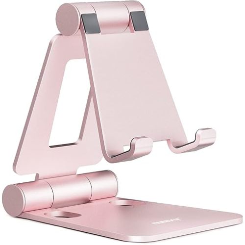 Nulaxy Dual Folding Cell Phone Stand, Fully Adjustable Foldable Desktop Phone Holder Cradle Dock Compatible with Phone 16 15 14 13 12 11 Pro Xs Xs Max Xr X 8, Nintendo Switch, All Phones - Rose Gold