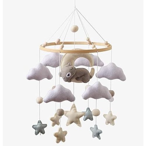 Moyii Baby Crib Mobile for Nursery - Handmade Felt Sleepy Bear on Moon Hanging Mobile - Gender Neutral Ceiling Decor for Boys Girls - Nordic Star Cloud - Newborn Baby Shower Gift
