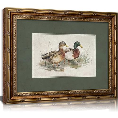 Vintage Gold Framed Wall Art, Mallard Ducks Watercolor Print with Green Border, Rustic Wildlife Nature Decor for Living Room, Bedroom, Cabin, Ready to Hang