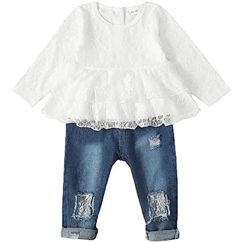 Saeaby Baby Girl Clothes Toddler Girl Fall Winter Outfits Ruffle Shirt Denim Jeans Pants Girls Clothing Set