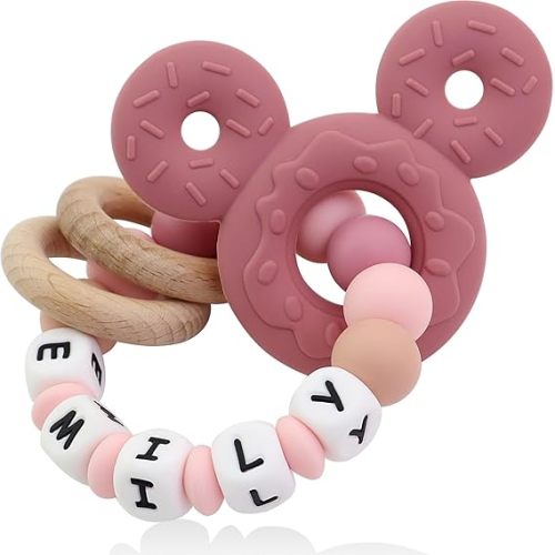 Personalized Baby Teether with Name - Custom Mouse Silicone Teether & Natural Wooden Ring for Boys & Girls - Handmade Unique Baby Shower Gift for Infants & Toddlers (Pink)