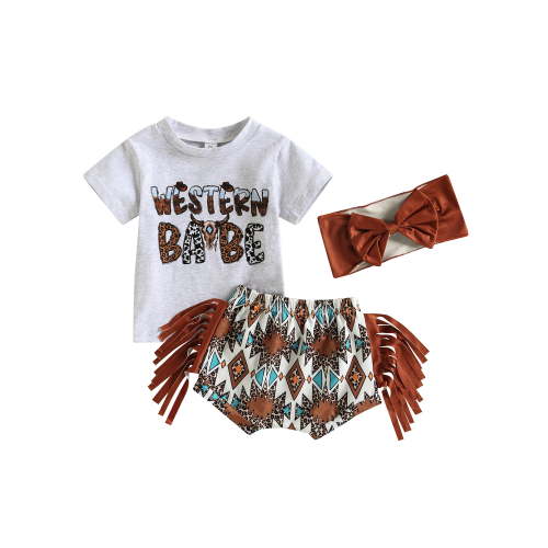 Western Baby Girl Outfits Cow Print Short Sleeve Tassel T-Shirt Tops Shorts Headband Set Cowgirl Clothes