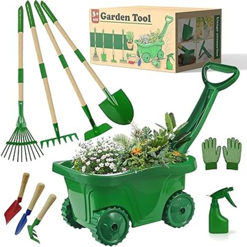 VICHTOP 10Pcs Kids Gardening Tools Set - Wheelbarrow Toys with Shovel, Rake, Hoe and Leaf Rake for Outdoor Backyard Play, STEM Educational Toys, for Toddler Boys & Girls Ages 3 4 5
