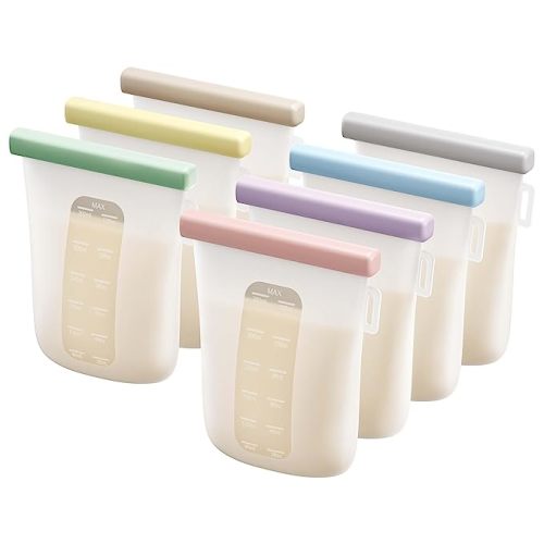 Nuliie 7 Pcs Reusable Silicone Breastmilk Storage Bags, 12oz/360ml Double Leak-Proof, BPA Free Self-Standing Milk Bags for Breastfeeding, Baby Food Pouches