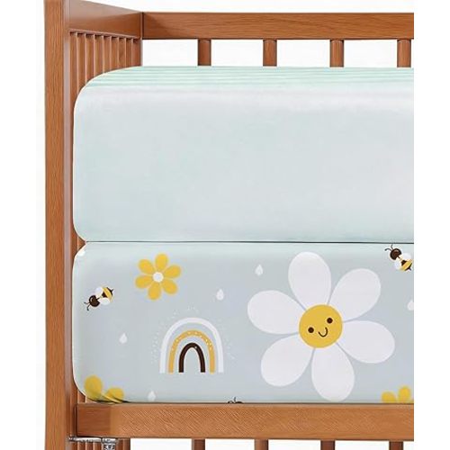 2-Pack Mini Crib Sheets Fitted - Pack N Play Sheets for Pack and Play Mattress - Stretchy Soft Microfiber Playard Bedding - Mini Toddler Bed Cover for Boys & Girls - Oeko-Tex, 38 x 24in, Rainbow Bloom