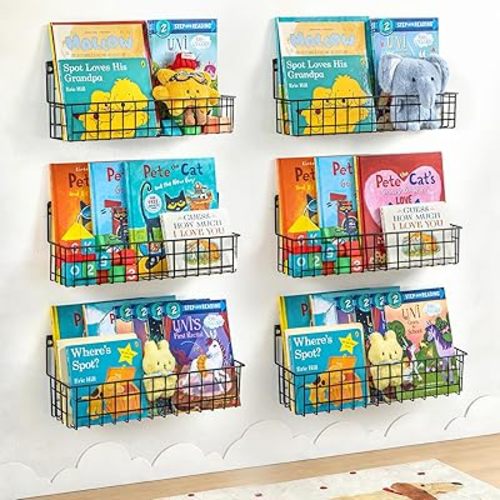 6-Pack Wall Mounted Bookshelf for Kids Rooms, Metal Nursery Shelves for Wall, Floating Book Shelves for Baby Boys Girls Bedroom Decor and Storage, Black