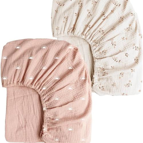 Konssy Muslin Crib Sheets for Girl Boy, 2 PCS Soft and Breathable Cotton Baby Sheets for Standard Crib Mattress, 52"x 28" (Pink Sun,Khaki Leaf)