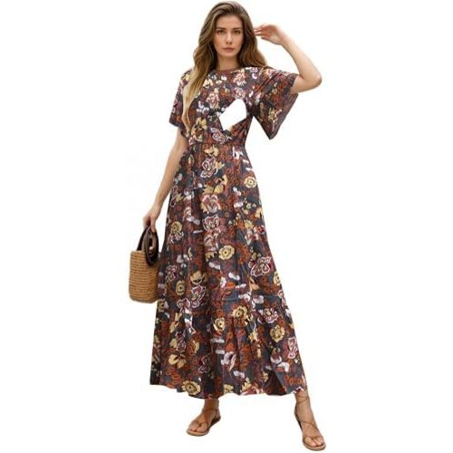 Womens Nursing Dress Summer Floral Print Short Flutter Sleeve Crew Neck Smocked High Waist Flowy Maxi with Pockets