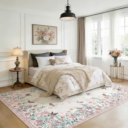 Floral 5x7 Area Rug Machine Washable Soft Print Boho Carpet Non Slip Rugs Low Pile Flower Area Rugs for Living Room Bedroom Nursery Kitchen Dining Room Indoor-Pink Pastel