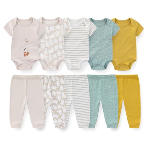 10 Pack Baby Bodysuits and Pants Set Cotton Infant Outfit | unisex,baby pants sets,easy mix & match,all-season wear,baby essentials