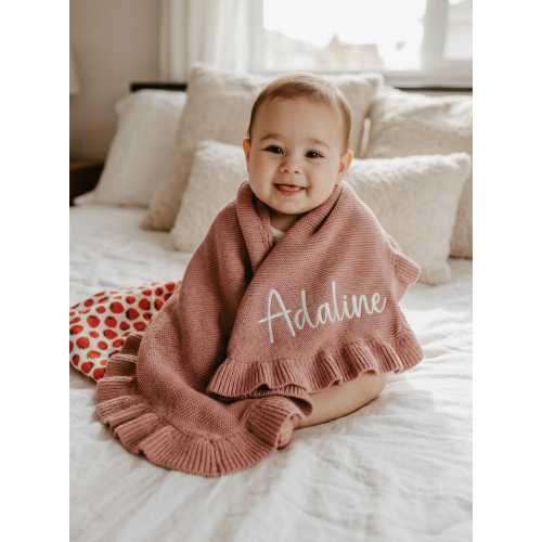 Ruffle Embroidered Baby Blanket with Name – Soft Cotton Knit Custom Blanket Personalized Newborn Baby Shower Gift Keepsake