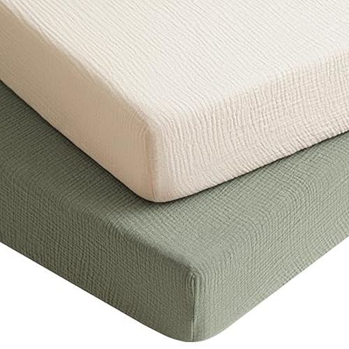 Konssy Muslin Crib Sheets for Boys, Soft Cotton Neutral Baby Sheets for Standard Crib Mattress 2 Pack, 52"x28" (Fog Green,Cream)