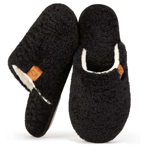 Women's Fuzzy Wool-Like Memory Foam Slip on House Slippers Cozy Soft Indoor Outdoor Ladies Home Shoes,Carbon Black,7/8 US