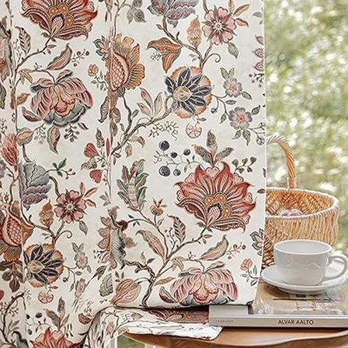 FMFUNCTEX 100% Boho Blackout Floral Curtains for Bedroom, Vintage Flower Patterned Beige Curtains 84 Inches Long for Living Room Darkening Thermal Insulated Grommet Window Farmhose Drapes 2 Panels