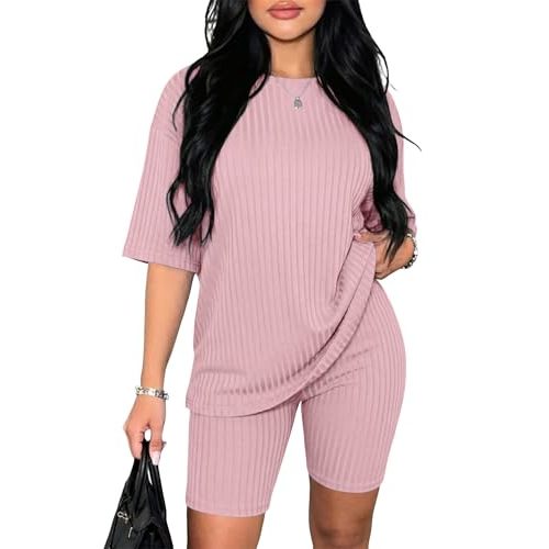 Ekouaer Pajamas 2 Piece Lounge Sets Ribbed Knit Matching Outfits T-shirt Biker Shorts Sleepwear Loungewear Sweatsuits