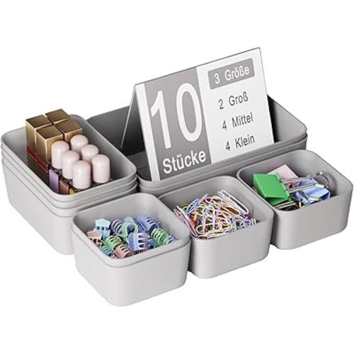 Plastic Drawer Organizers, 10 PCS Drawer Organizer Bins, Bathroom and Vanity Organizer Plastic Tray, Makeup Organizer and Storage for Makeup, Bedroom, Kitchen Gadgets Utensils and Office (Gray)