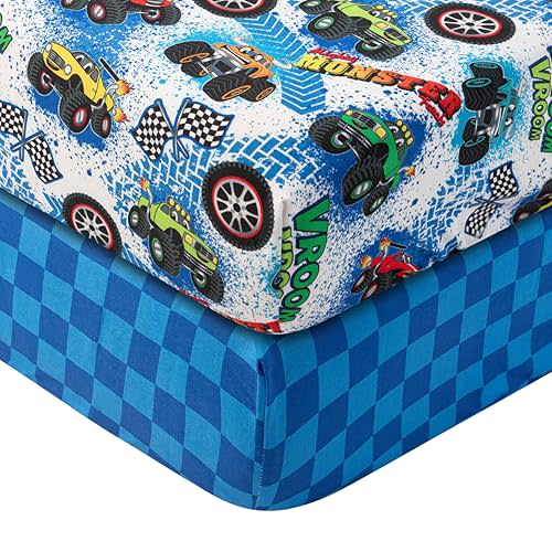Today's Kids 2-Pack Monster Trucks Fitted Baby Crib Sheets Boy - Soft & Breathable Nursery Toddler Bed Sheets for Boys Elastic Edge Deep Pockets Machine Wash, Fits 28"x52" Mattress, 2 Printed Designs