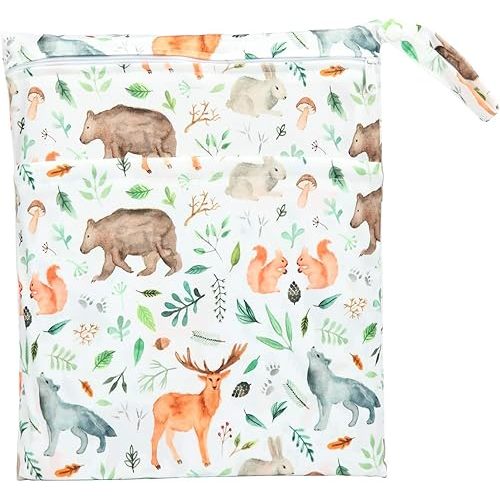 Wet Dry Bag Baby Cloth Diaper NappyReusable Washable With Two Zippered Pockets (Watercolour Animals)