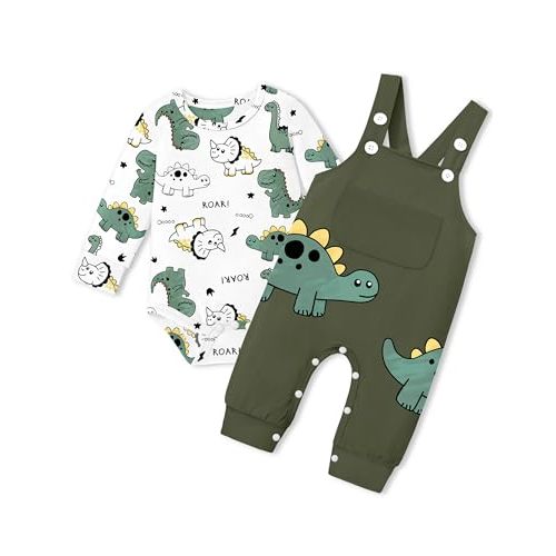 BAVADER Baby Boy Clothes Infant Dinosaur Romper Overalls 2PCS Clothing Set | Infant Boy Clothes Long Sleeve Baby Bodysuit Adjustable Overalls Baby Boys' Clothing Sets Dinosaur Fall Winter Outfits