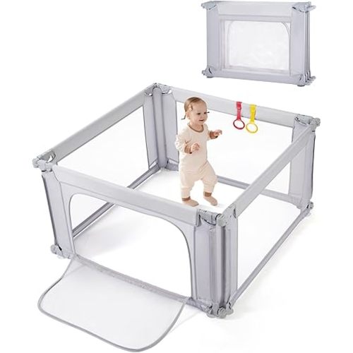 Baby Playpen 47x47 Inch Playpen,Adjustable Playard for Babies and Toddlers,Small Baby Play Pens,Indoor Outdoor Play Yard for Infants with Zipper Door＆360°Mesh Cloth,Grey
