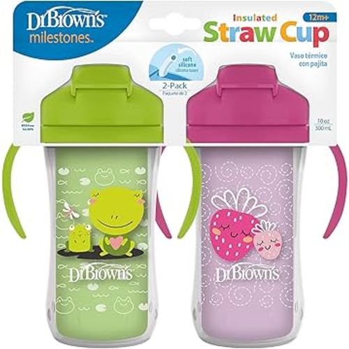 Dr. Brown's Milestones Insulated Sippy Cup with Straw and Handles, Spill-Proof Tumbler with Lid, 2-Pack, Green & Purple, 10 oz/300 mL, BPA Free, 12m+