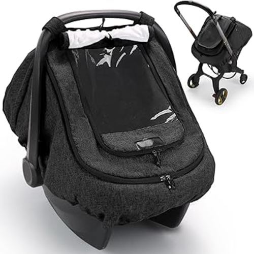 Waterproof Car Seat Cover for Baby, 2-Layer Car Seat Rain Cover with Clear Window & Sunshade & Mesh Cover, Universal Infant Carseat Canopy for Stroller, Protect from Rain and Snow - Black