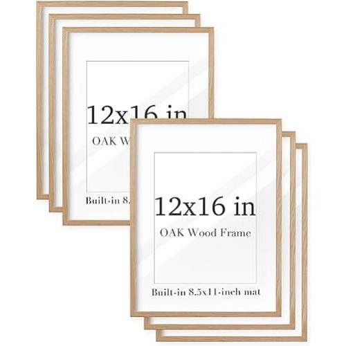 UPWOIGH 12x16 Beige Oak Wood Picture Frame Set of 6,Display Pictures 8.5x11 with Mat or 12x16 Without Mat,Minimalist 12x16in Poster Frames 6 Pack, Natural Solid Wooden Frame for Wall Art Photo Prints
