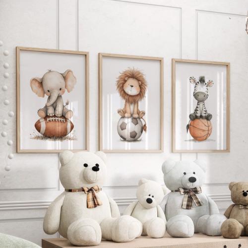 Safari Sports Baby Animals Set of 3 Poster or Canvas Print, Cute Elephant, Lion, Zebra on Football, Soccer and Basketball Ball Nursery Decor