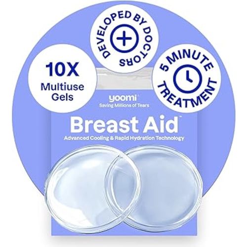 Yoomi Breast Aid™ Soothing Cryogel Pads for Sore Cracked Nipples with HOCl, 10x Multiuse, Advanced Cooling Tech for Instant Relief & Repair, Rapid Hydration for Lasting Comfort for Breast Feeding Moms