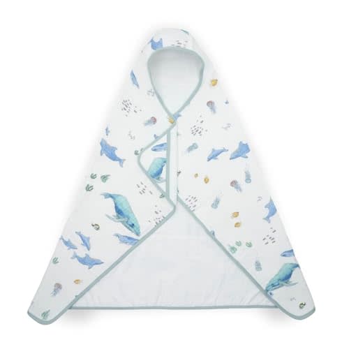 Little Unicorn Hooded Bath Towel | Absorbent Cotton & Terry Blend | Larger Size for Baby & Toddlers, 1-6 Years (Whales)