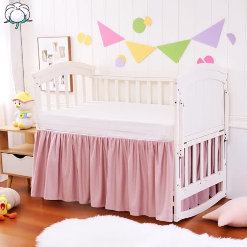 Crib Bed Skirt Dust Ruffle 100% Cotton - Natural, Soft, Breathable for Baby's Delicate Skin, Nursery Toddler Crib Bed Skirt for Baby Boys Girls, Fits Standard Cribs 28" x 52" with 14" Drop
