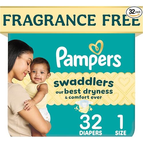 Pampers Swaddlers Diapers, Size 1 (8-14 lbs), 32 Count, Fragrance Free, Hypoallergenic, Absorbent, Pediatrician Recommended, Skin Safe