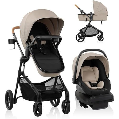 Evenflo Pivot NXT Travel System with LiteMax NXT Preemie and Infant Car Seat | 6 Modes of Use, Rear-Facing Lightweight Car Seat for Infants & Preemie 3-30 lbs, Stroller up to 50 lbs (Latte Tan)