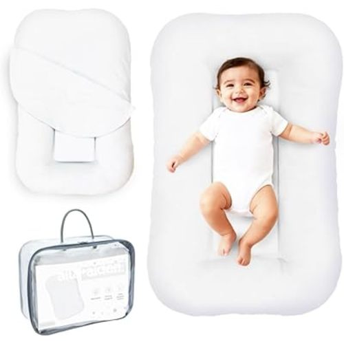 Aila + Aiden Baby Lounger | Organic Cotton Infant Lounger | Adjustable & Portable Floor Lounger |Supervised Use | Soft, Breathable, Washable Cover - Snuggle Collection - (White)