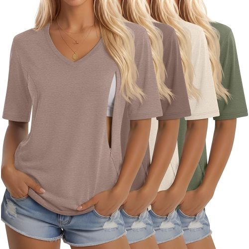 4 Pack Women's Nursing Shirt for Breastfeeding with Hidden Zipper Half Sleeves Tops V Neck Postpartum Maternity Tee