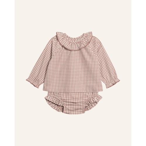 DOROTHY POPLIN RUFFLE COLLAR SHIRT + BLOOMER SET - 3-6m / mauve gingham