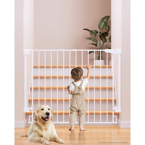 Cumbor 34" Extra Tall No Bottom Bar Baby Gate for Stairs, Hardware Mounted Dog Gate Indoor for Larger Pets, Expandable 29.2-43" Safety Gate for Doorways, Wide Walk Thru Door for Easy Access (White)